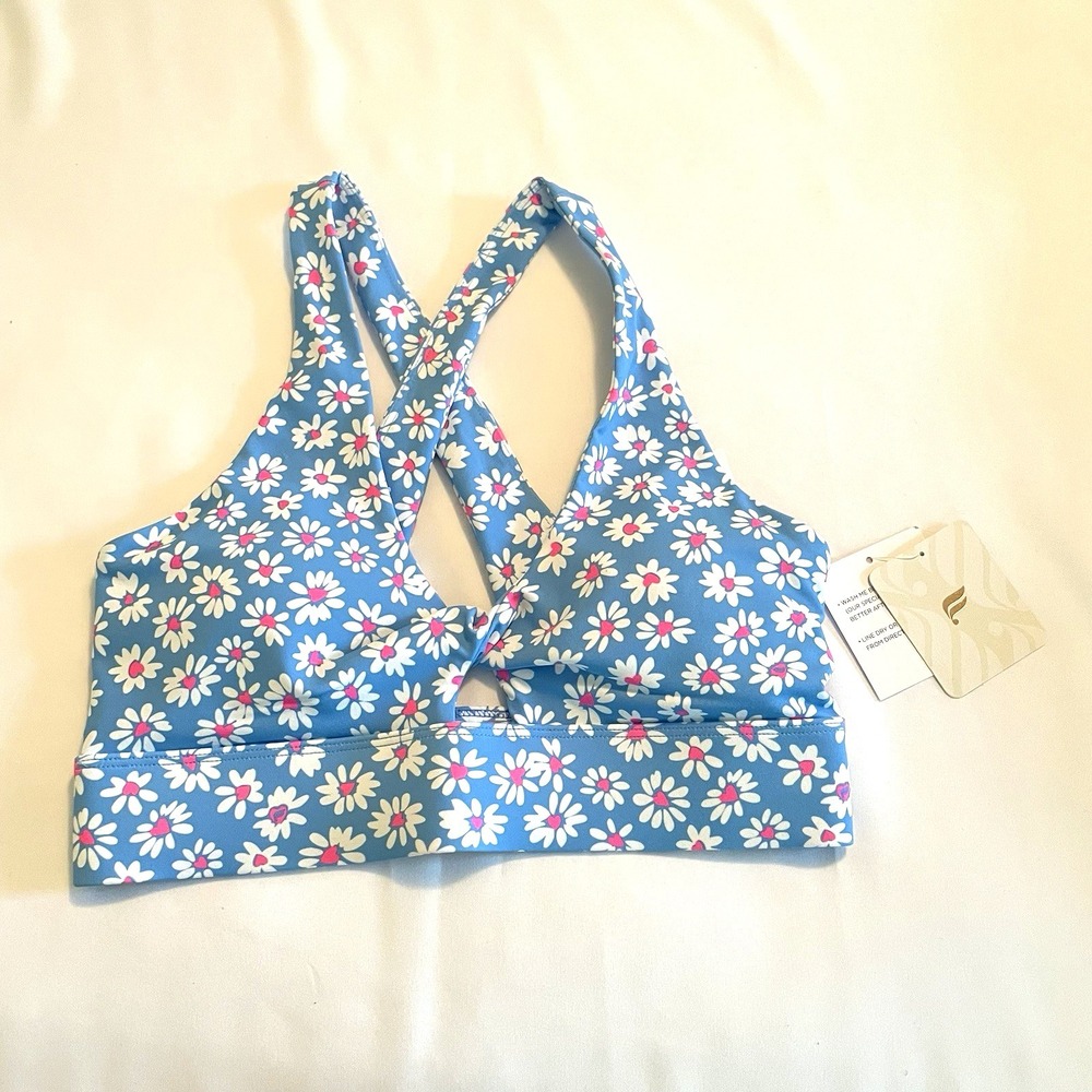 Fabletics Oasis Twist Medium Impact Sports Bra Light Blue Floral Daisy XS NWT